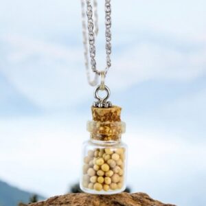 Mustard Seed Bottle Pendant Necklace featuring a sleek 32-inch stainless steel chain and a charming glass bottle pendant filled with real mustard seeds.